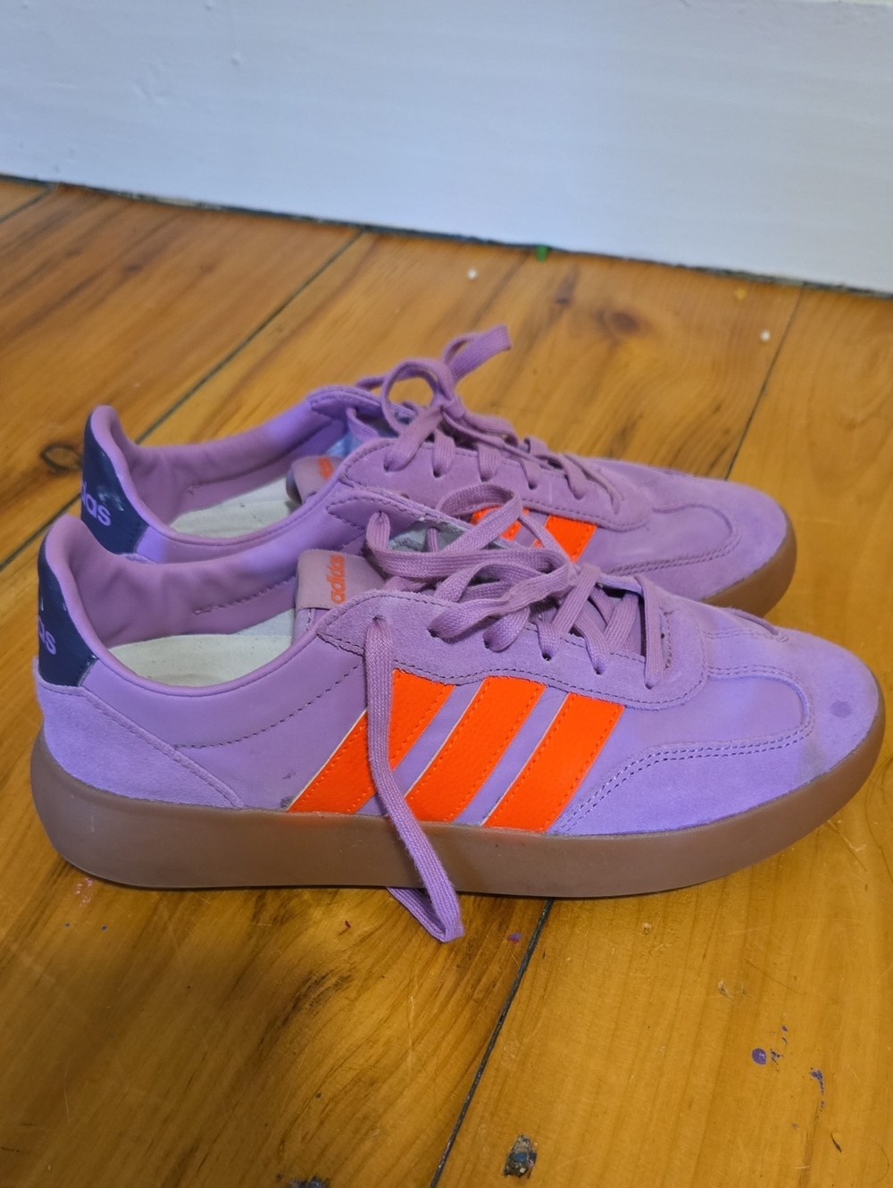 adidas Women's Lavender Suede Sneakers with Bright Orange Stripes
